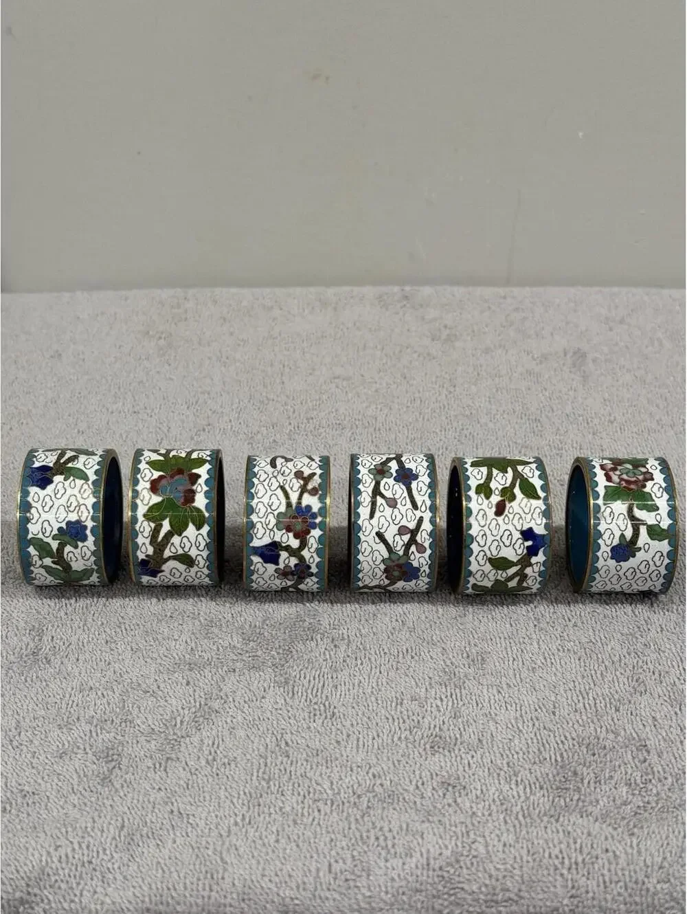 Vintage Cloisonné Enamel Napkin Rings Chinese 6 Red Blue Green Floral